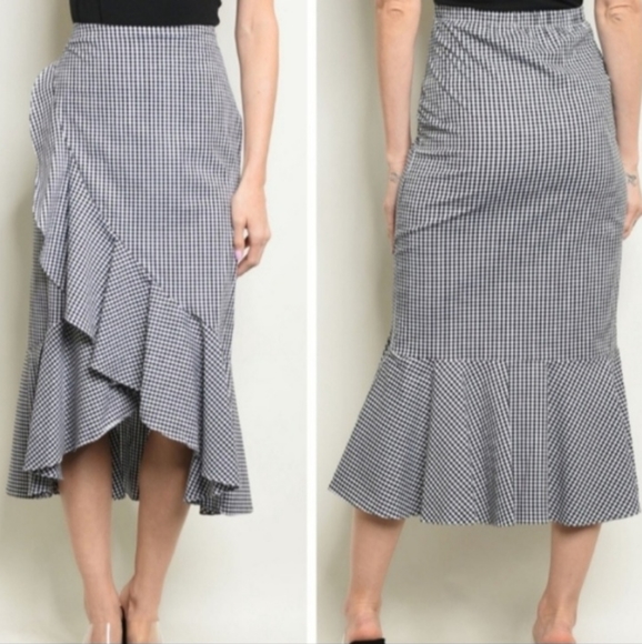 Boutique Black & White Gingham Checkered Ruffle Midi Skirt - Picture 2 of 8